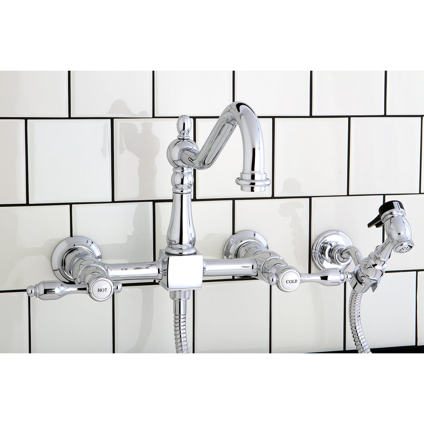 Kingston KS1248TALBS Tudor Two-Handle Wall Mount Bridge Kitchen Faucet with Brass Sprayer, Brushed Nickel