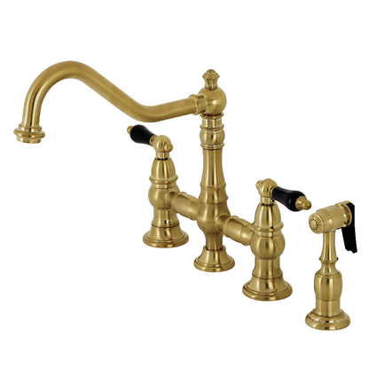 Kingston KS3277PKLBS Duchess Bridge Kitchen Faucet with Brass Sprayer, Brushed Brass design and black porcelain handles