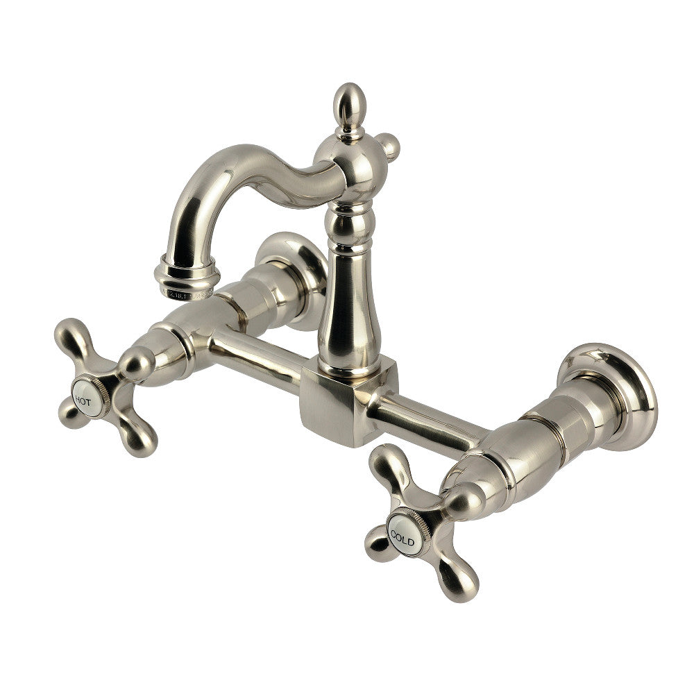 Kingston KS2443AX Heritage Two-Handle Wall Mount Bridge Kitchen Faucet, Antique Brass in Brushed Nickel finish