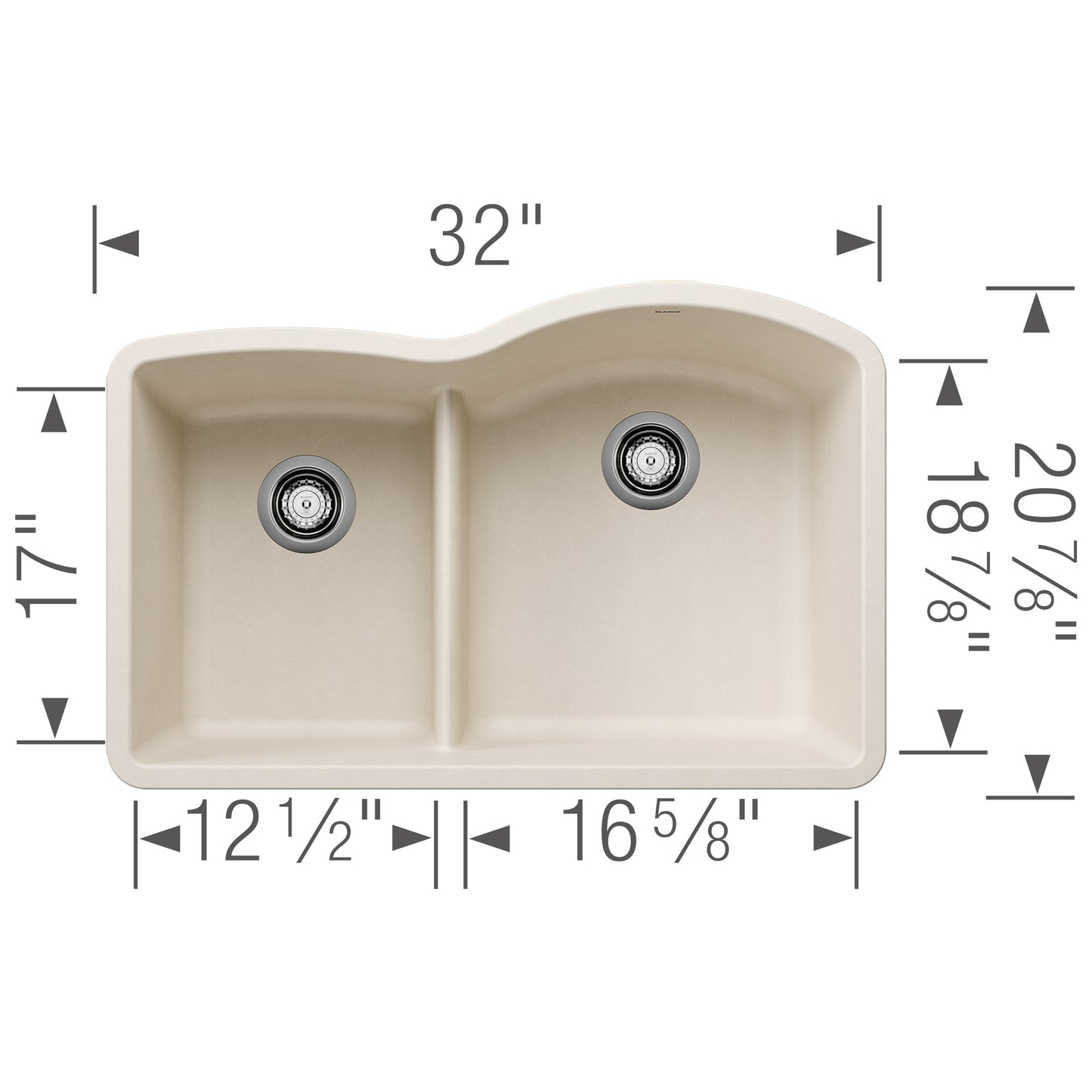 BLANCO Diamond SILGRANIT 32" 40/60 Reverse Double Bowl Undermount Kitchen Sink with Low Divide dimensions and layout.