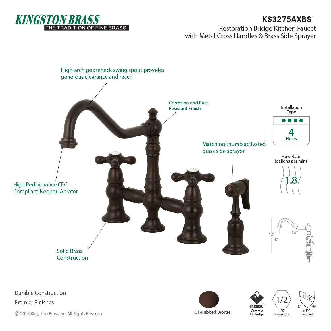 Kingston KS3277AXBS Restoration Bridge Kitchen Faucet with Brass Sprayer, Brushed Brass close-up