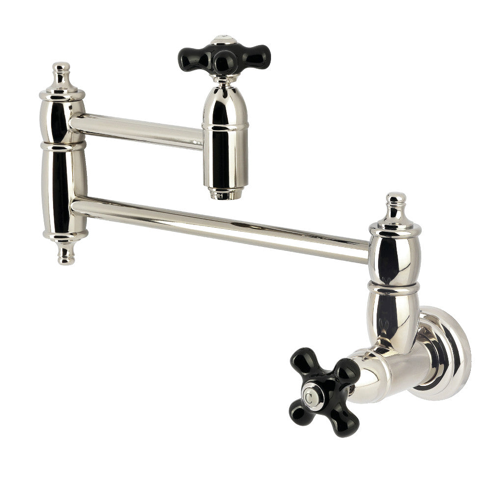 Kingston Brass KS3103PKX Duchess Wall Mount Pot Filler Faucet, Antique Brass with black porcelain handles
