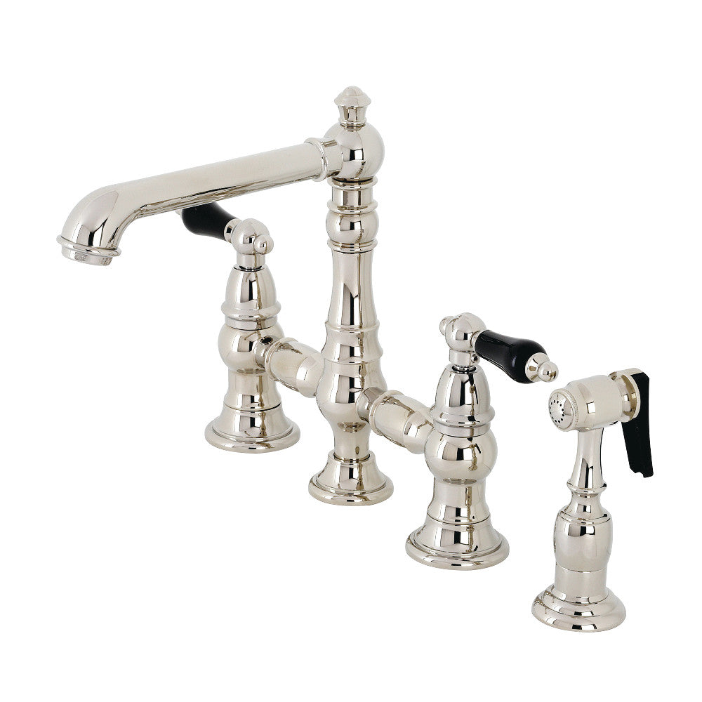 Kingston KS7277PKLBS Duchess Bridge Kitchen Faucet with Brass Sprayer, Brushed Brass in polished nickel finish.