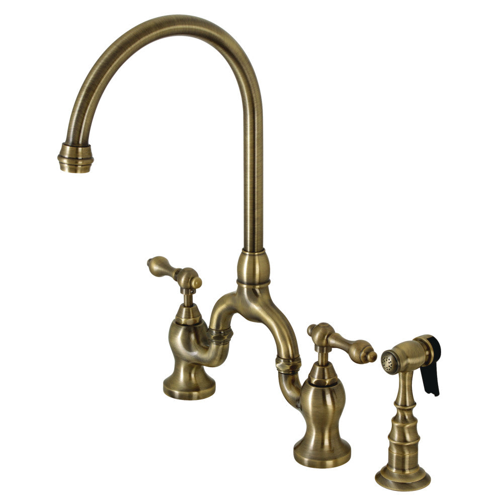Kingston KS7793ALBS English Country Bridge Kitchen Faucet with Brass Sprayer, Antique Brass design and detailing