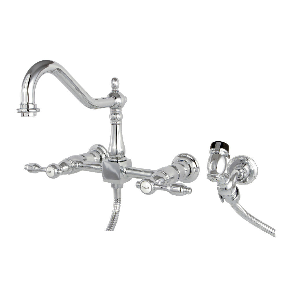 Kingston KS1248TALBS Tudor Two-Handle Wall Mount Bridge Kitchen Faucet with Brass Sprayer, Brushed Nickel in polished chrome finish.