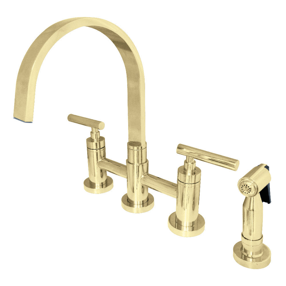 Kingston KS8267CMLBS Manhattan Bridge Kitchen Faucet with Brass Sprayer, Brushed Brass finish and sleek design.