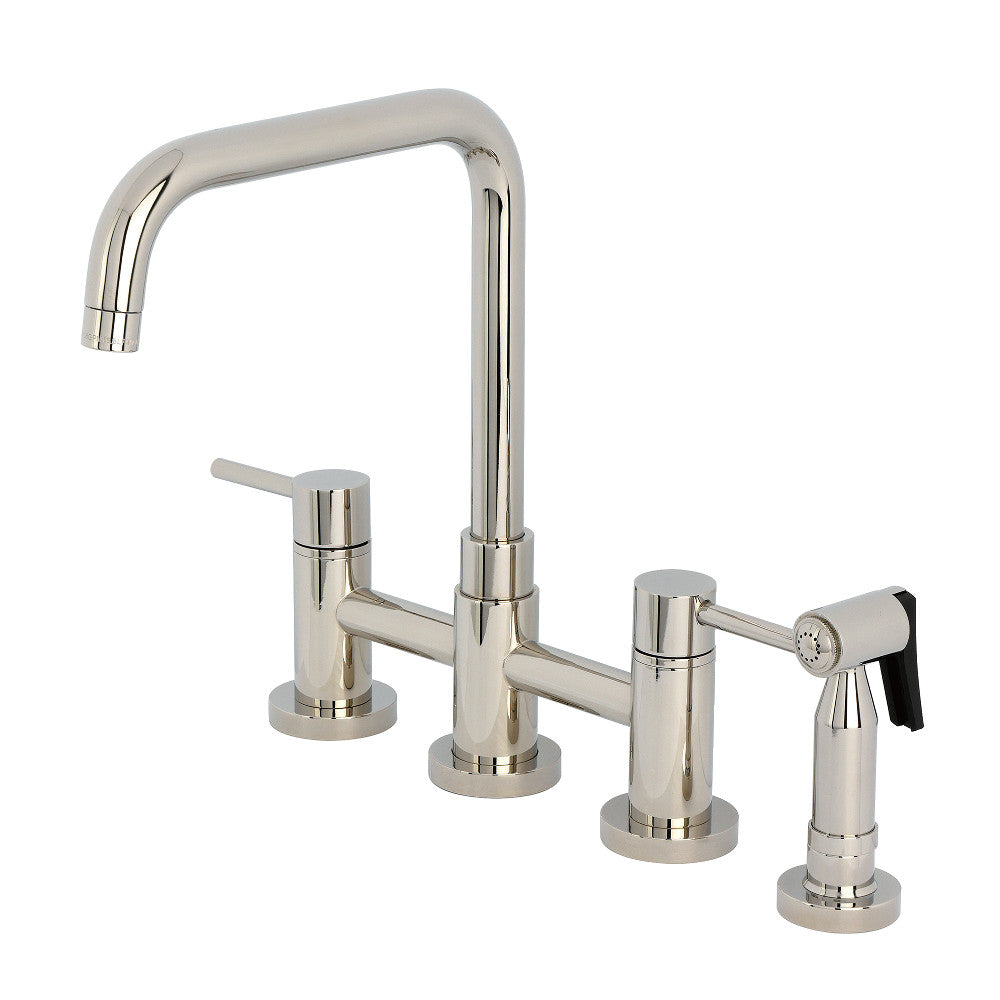 Kingston KS8287DLBS Concord Bridge Kitchen Faucet with Brass Sprayer, Brushed Brass in polished nickel finish.