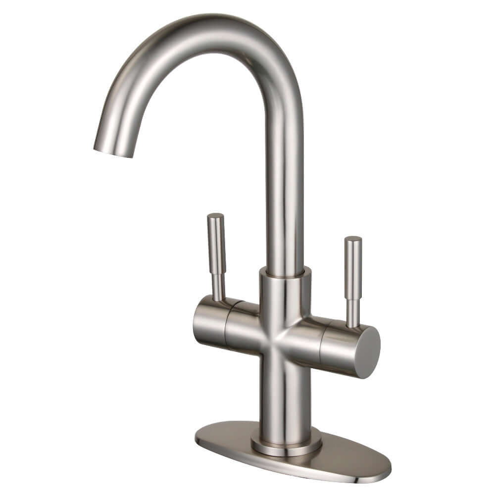 Kingston Brass LS8553DL Concord Double-Handle Bar Faucet, Brushed Brass featuring a high spout and durable design.