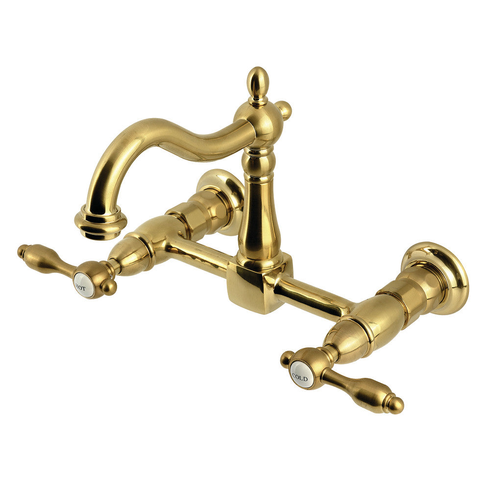 Kingston KS1263TAL Tudor Two-Handle Wall Mount Bridge Kitchen Faucet, Antique Brass with brushed brass finish.