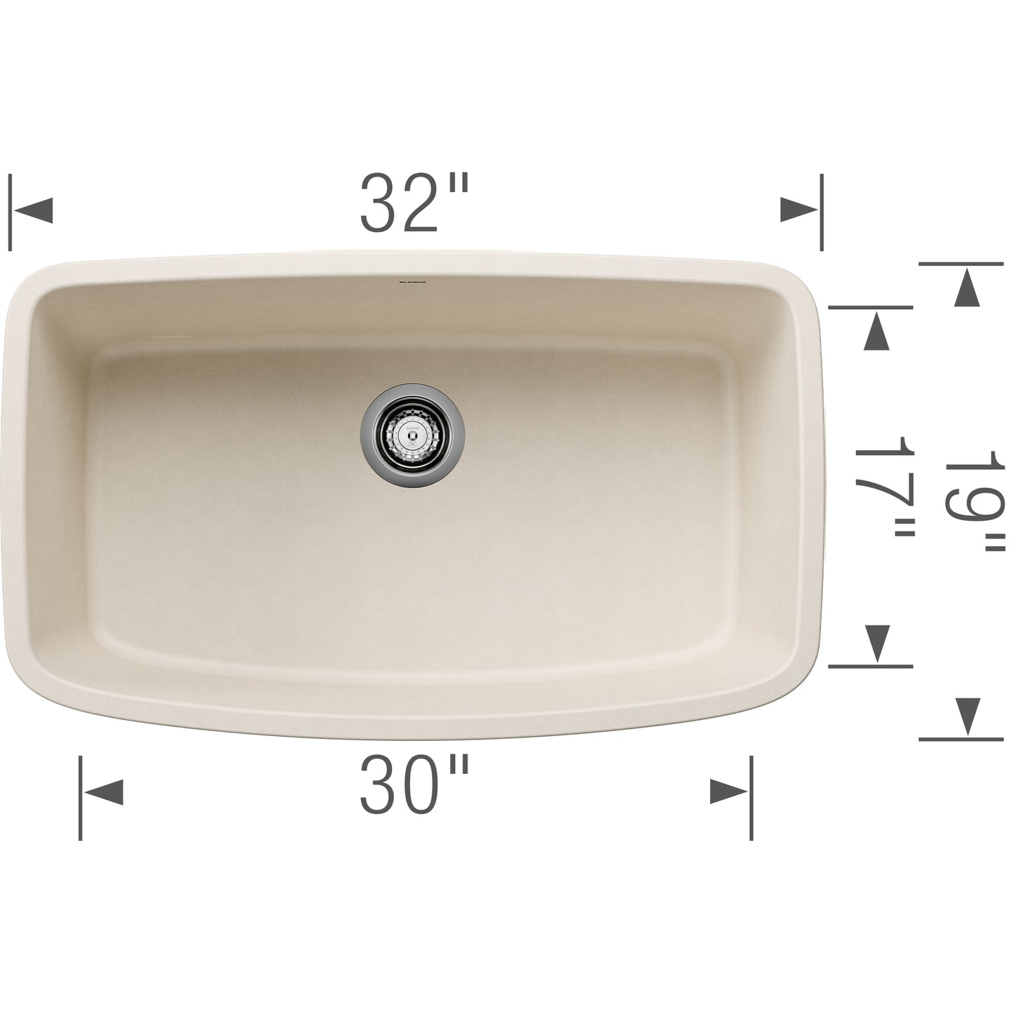 BLANCO Valea SILGRANIT 32" Super Single Undermount Kitchen Sink dimensions with 32-inch length and 30-inch width.