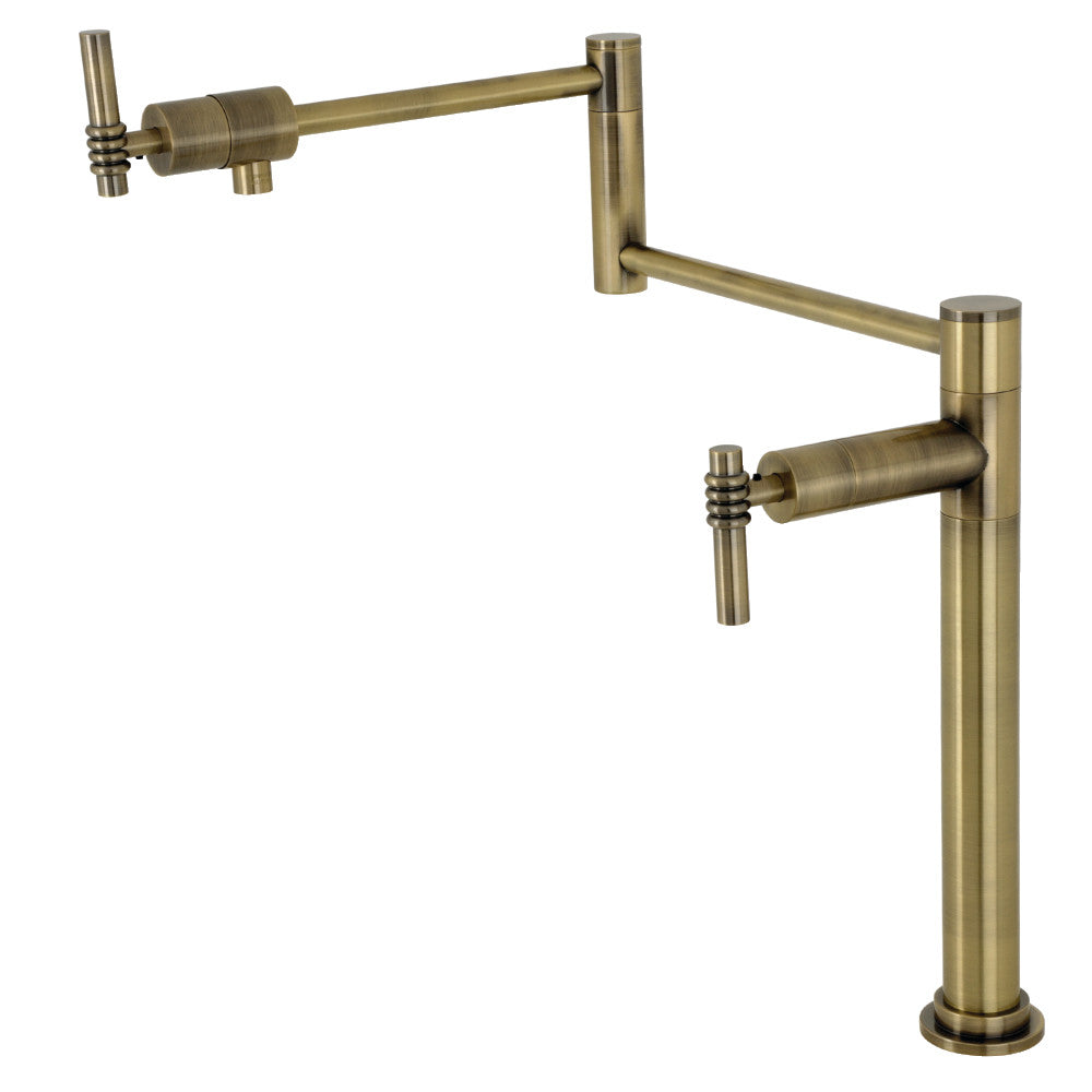 Kingston Brass KS4703ML Milano Deck Mount Pot Filler Faucet, Antique Brass, stylish design for kitchens.