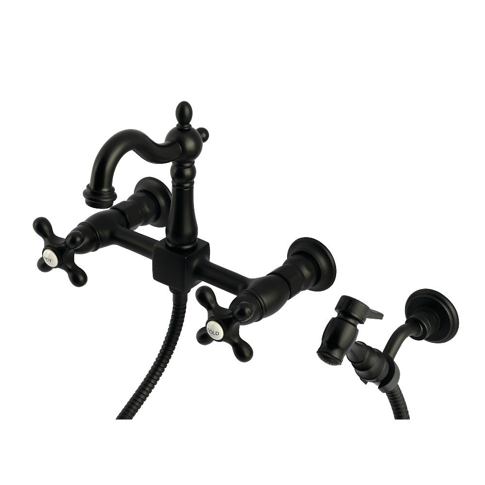 Kingston KS2443AXBS Heritage Two-Handle Wall Mount Bridge Kitchen Faucet with Brass Sprayer, Antique Brass.