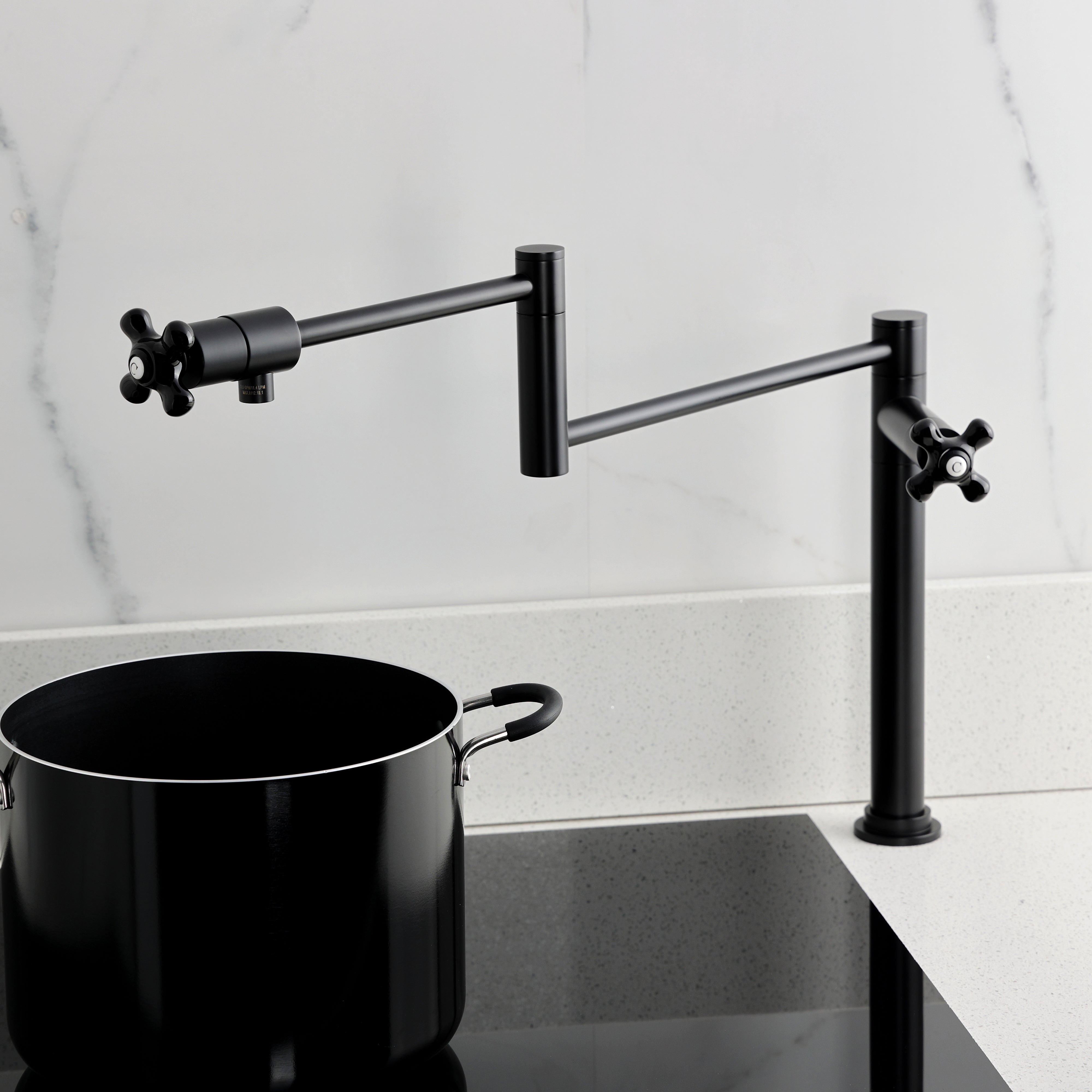 Kingston Brass KS4703PKX Duchess Deck Mount Pot Filler Faucet, Antique Brass with black porcelain handles