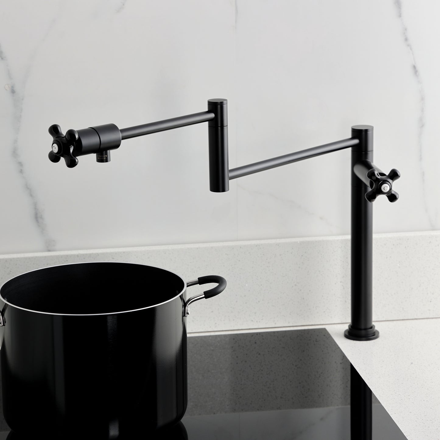 Kingston Brass KS4703PKX Duchess Deck Mount Pot Filler Faucet, Antique Brass with black porcelain handles