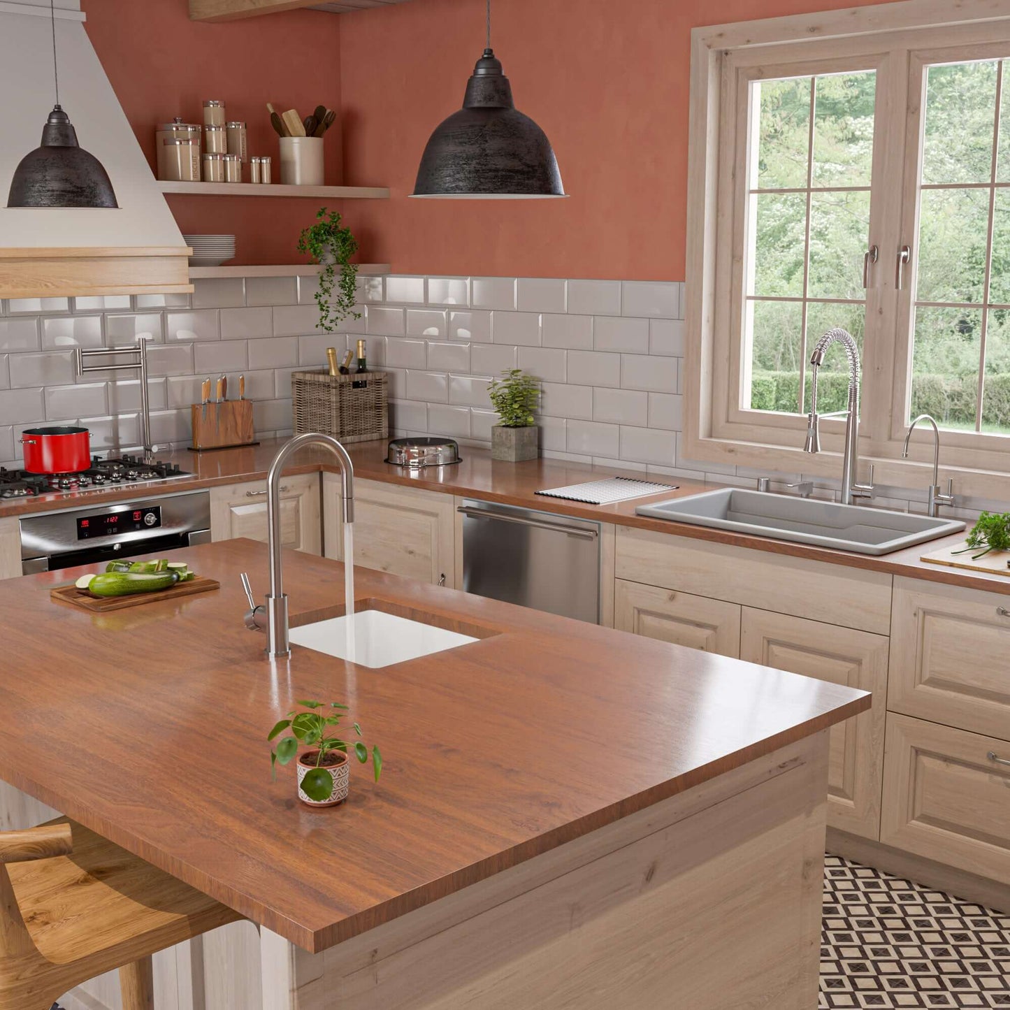 Alfi 32" Dual Mount Fireclay Workstation Kitchen Sink - ABFS3219SUD in a modern kitchen with wooden cabinets.