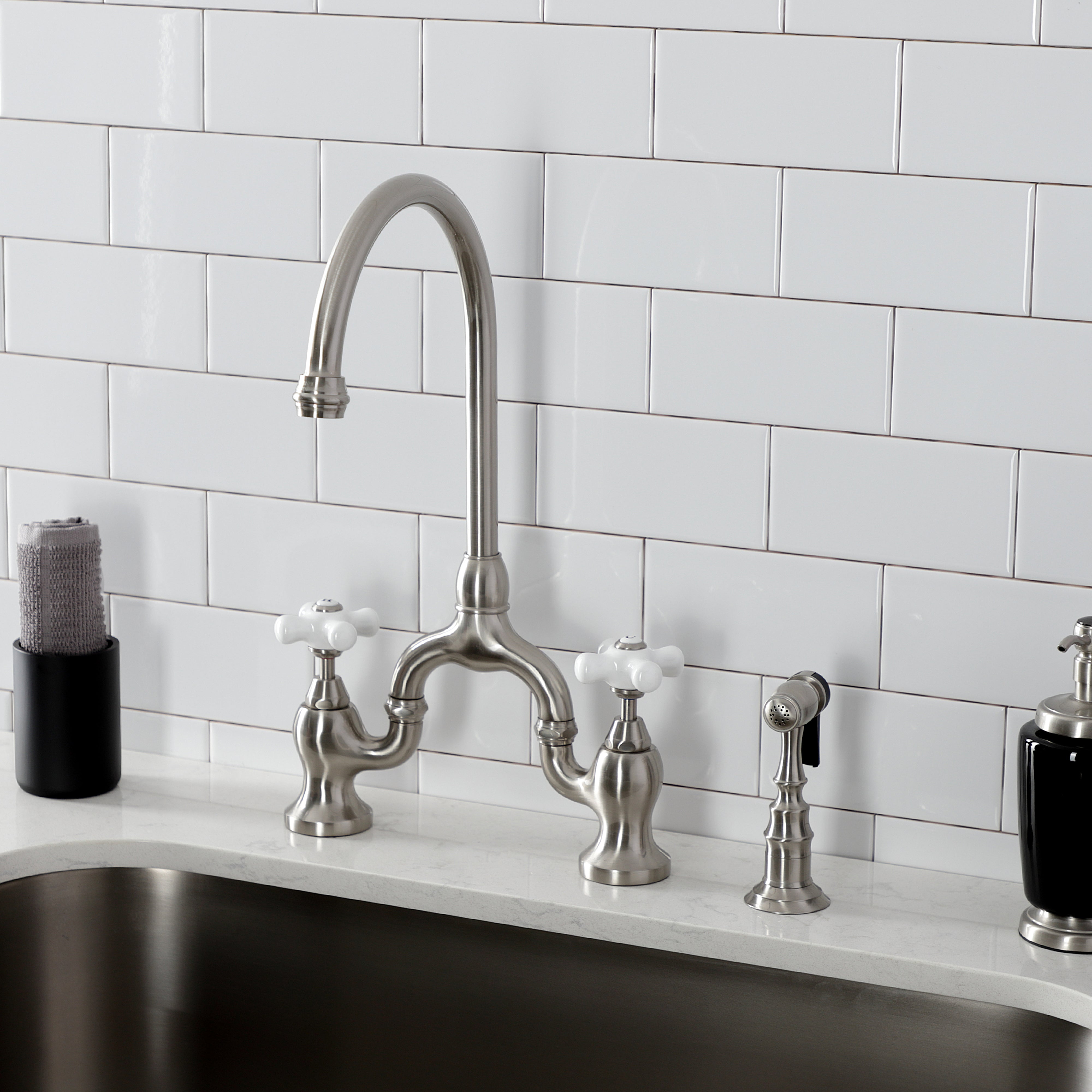 Kingston KS7798PXBS English Country Bridge Kitchen Faucet with Brass Sprayer, Brushed Nickel