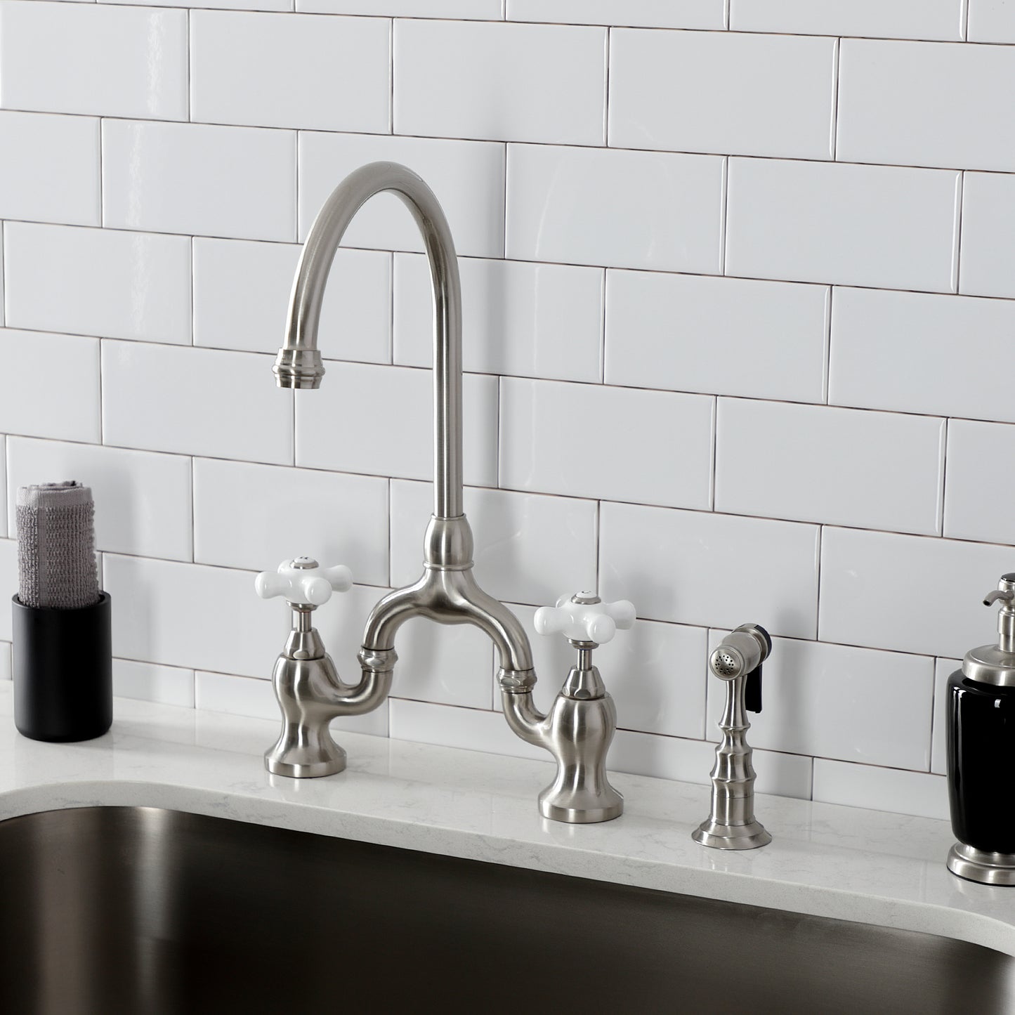 Kingston KS7798PXBS English Country Bridge Kitchen Faucet with Brass Sprayer, Brushed Nickel