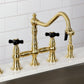 Kingston KS3277PKXBS Duchess Bridge Kitchen Faucet with Brass Sprayer, Brushed Brass on a kitchen countertop.