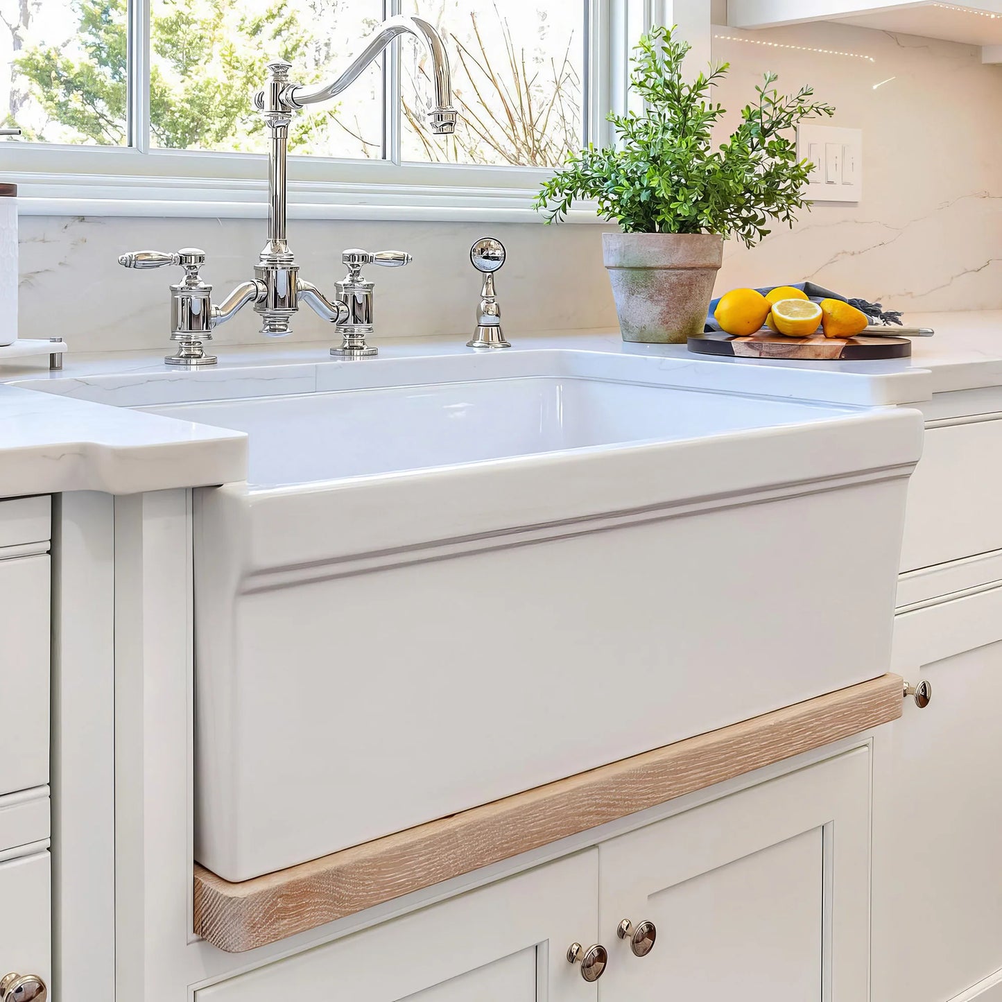 WHITEHAUS 30" Glencove Fireclay Reversible Sink WHQ5530-BLACK in modern kitchen with elegant fixtures and greenery.
