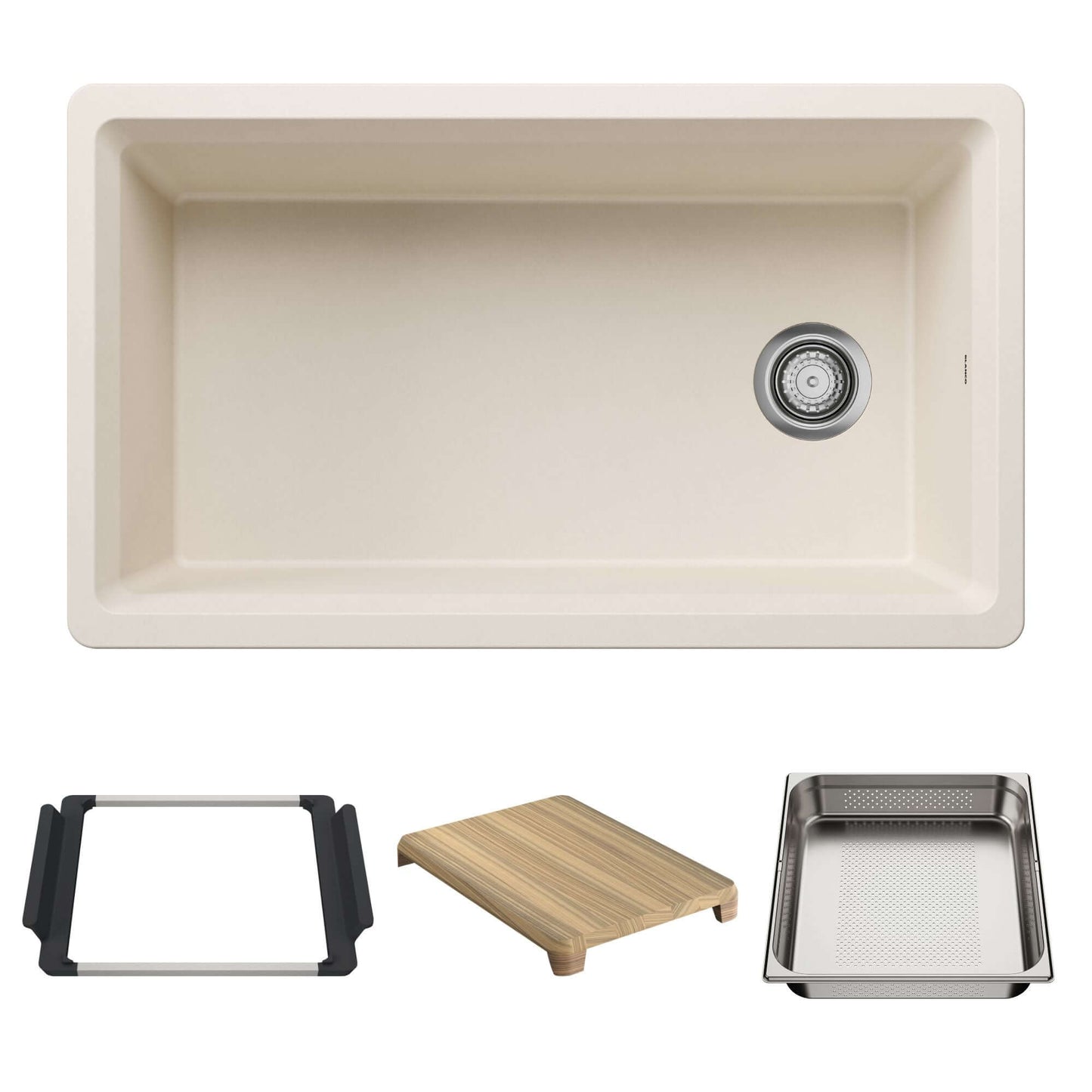 BLANCO Inteos SILGRANIT 33" Single Bowl Reversible Undermount Workstation Kitchen Sink with accessories layout