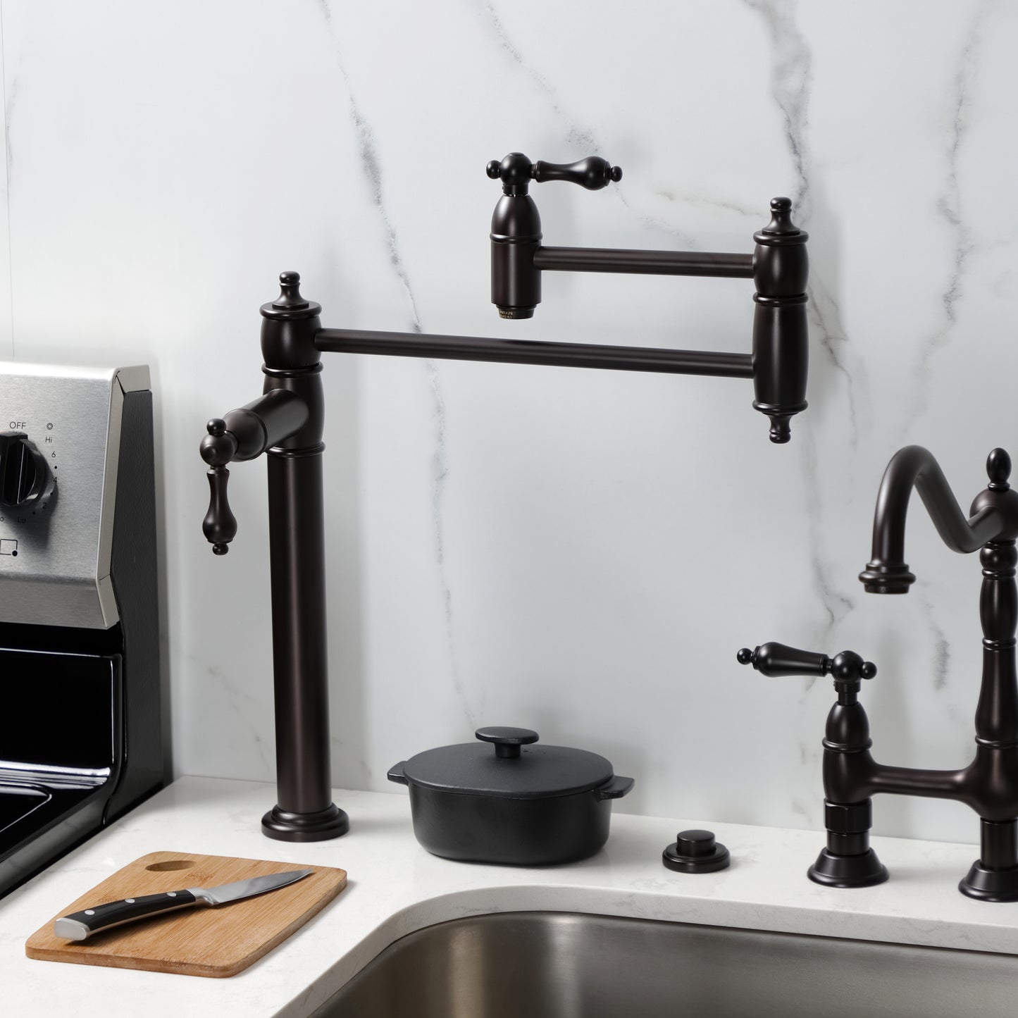 Kingston Brass KS3703AL Restoration Deck Mount Pot Filler Faucet, Antique Brass in a modern kitchen setting.