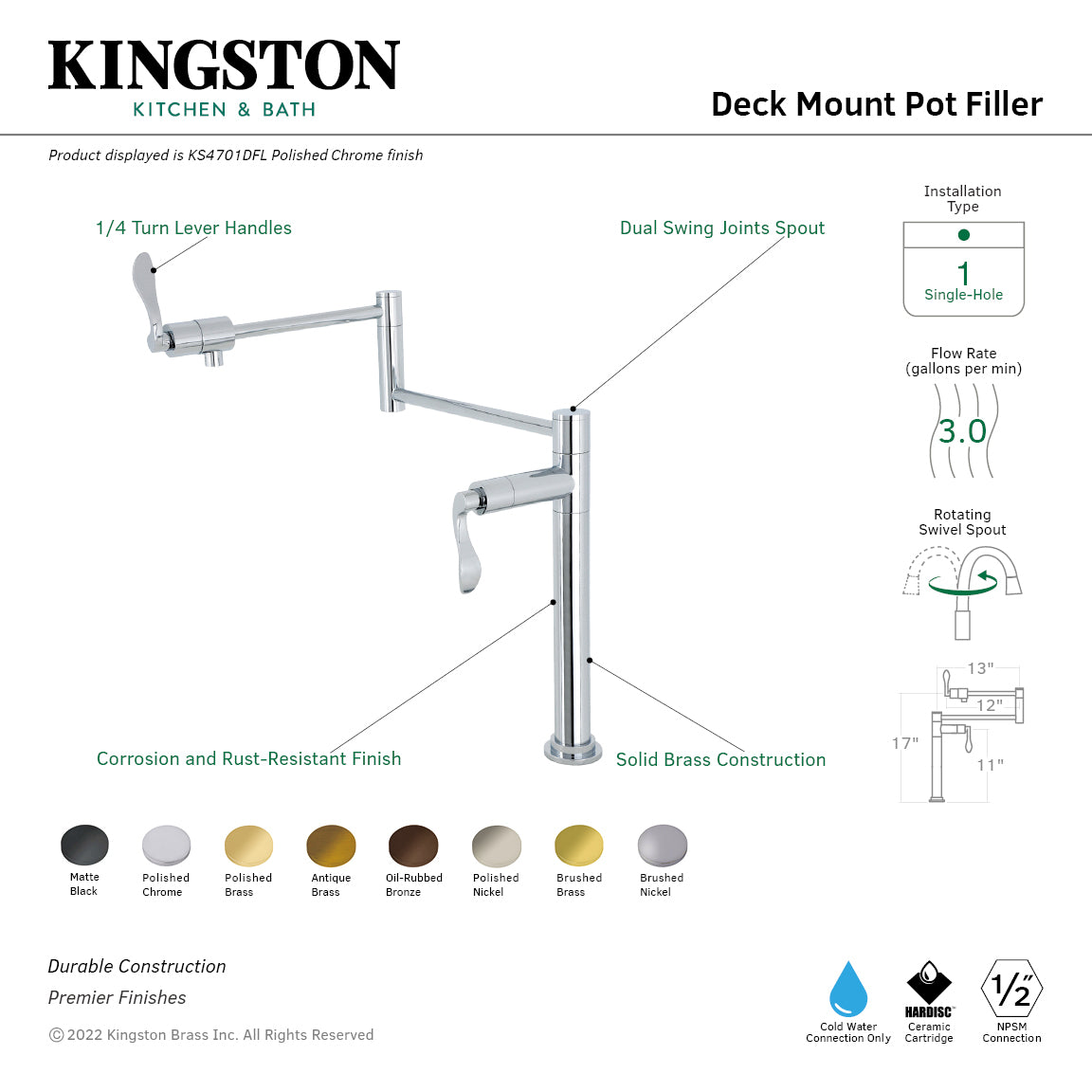 Kingston Brass KS4700DFL NuWave Deck Mount Pot Filler Faucet, Matte Black with dual swing joints spout.