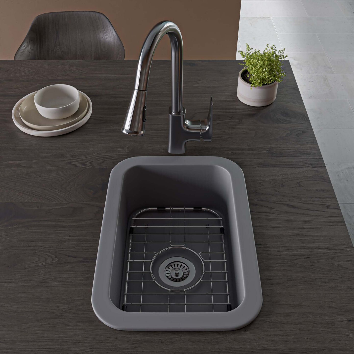 Alfi 13" x 19" Dual Mount Fireclay Prep Sink - ABF1319UD displayed in modern kitchen setting with faucet and accessories.