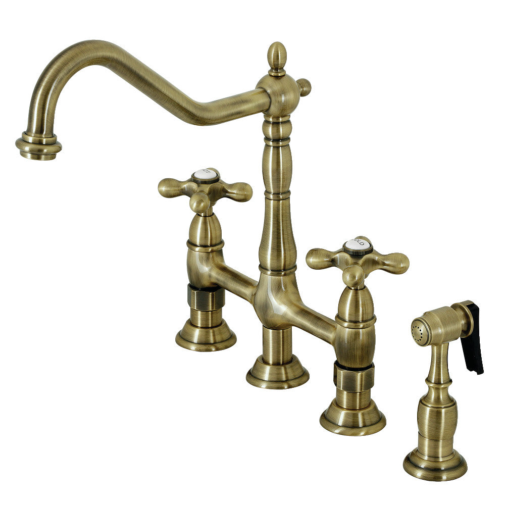 Kingston KS1273AXBS Heritage Bridge Kitchen Faucet with Brass Sprayer, Antique Brass design and finish.