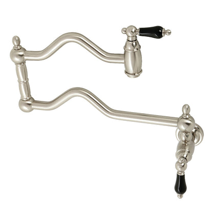 Kingston Brass KS2107PKL Duchess Wall Mount Pot Filler Faucet, Brushed Brass with black porcelain handles.