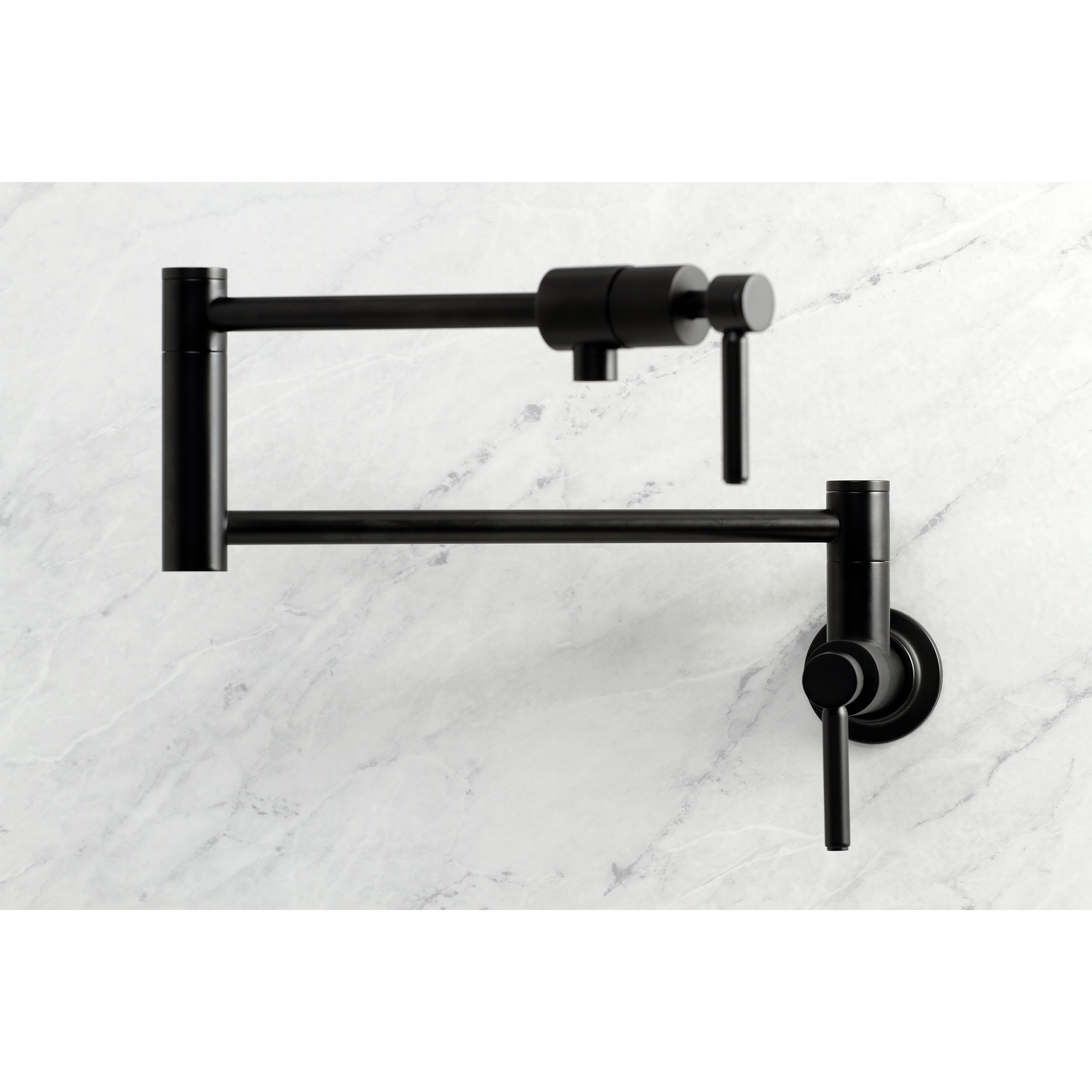 Kingston Brass KS4103DL Concord Wall Mount Pot Filler Faucet, Antique Brass with sleek design and foldable swing arms.