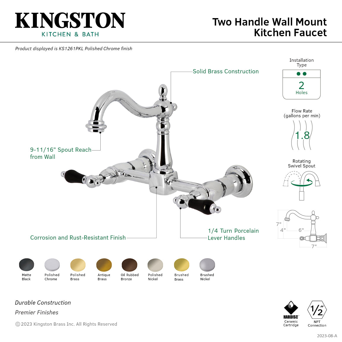 Kingston KS1263PKL Duchess Two-Handle Wall Mount Bridge Kitchen Faucet, Antique Brass with black porcelain handles