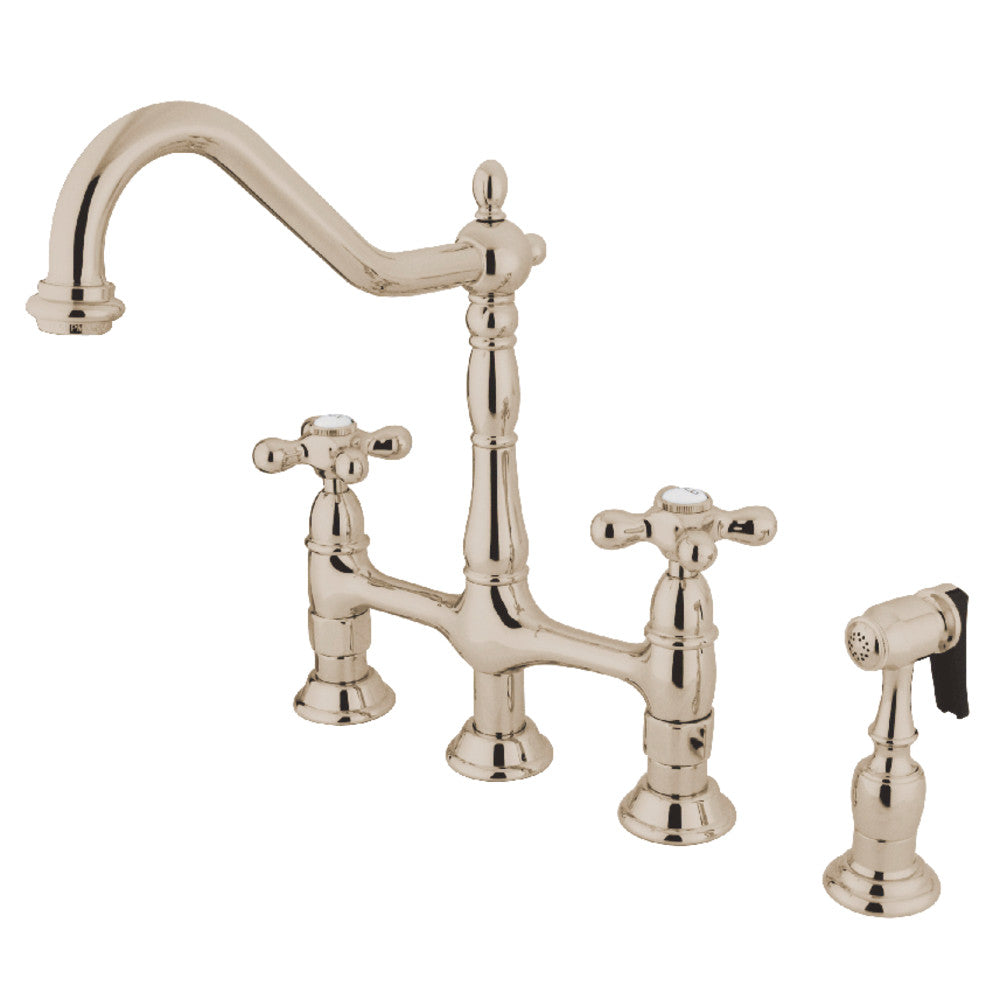 Kingston KS1273AXBS Heritage Bridge Kitchen Faucet with Brass Sprayer, Antique Brass and polished nickel finish.