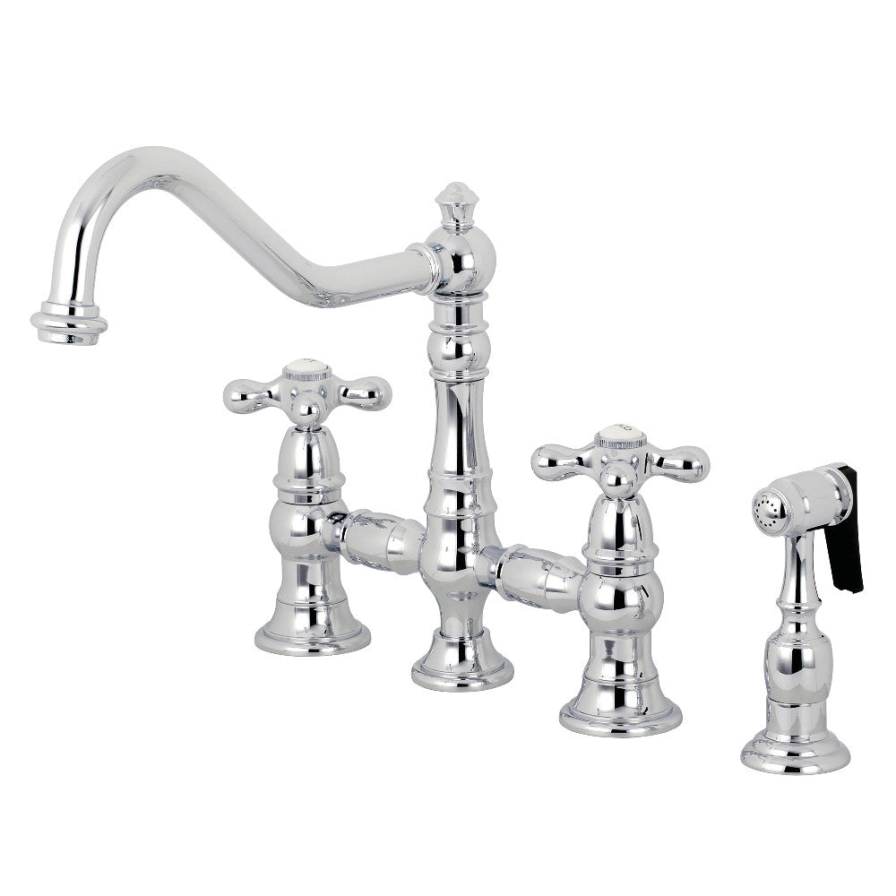Kingston KS3277AXBS Restoration Bridge Kitchen Faucet with Brass Sprayer, Brushed Brass