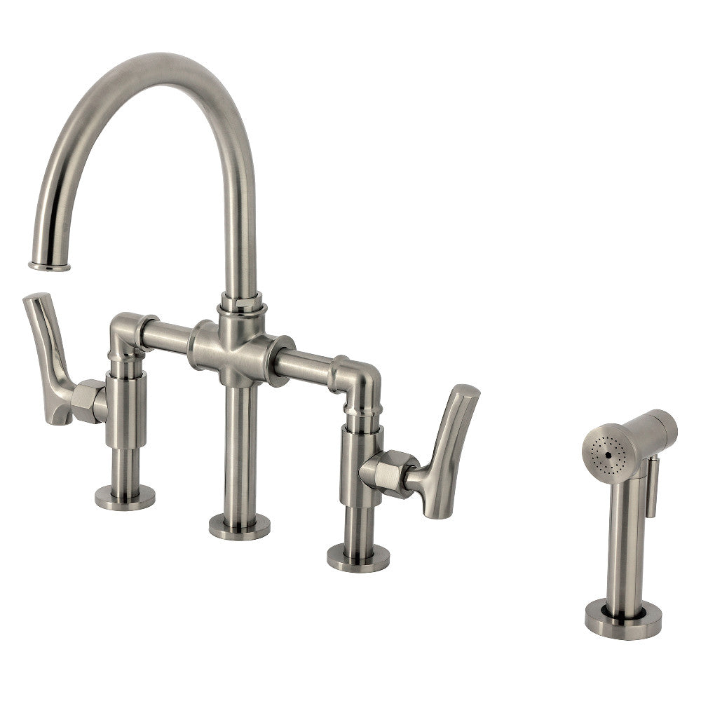 Kingston KS2333TKL Hallerbos Bridge Kitchen Faucet with Brass Sprayer, Antique Brass and matching side sprayer in brushed nickel.