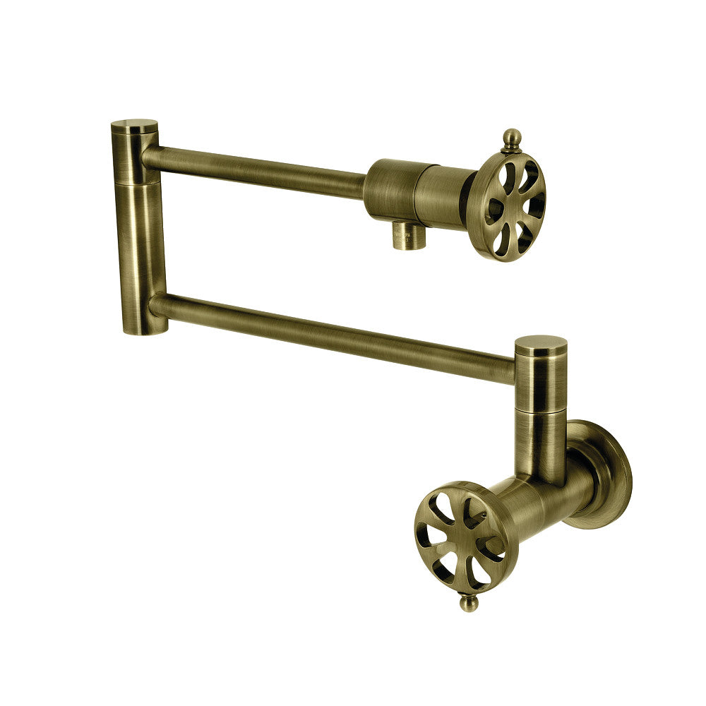 Kingston Brass KS4103RX Belknap Wall Mount Pot Filler Faucet, Antique Brass design with foldable swing arms.