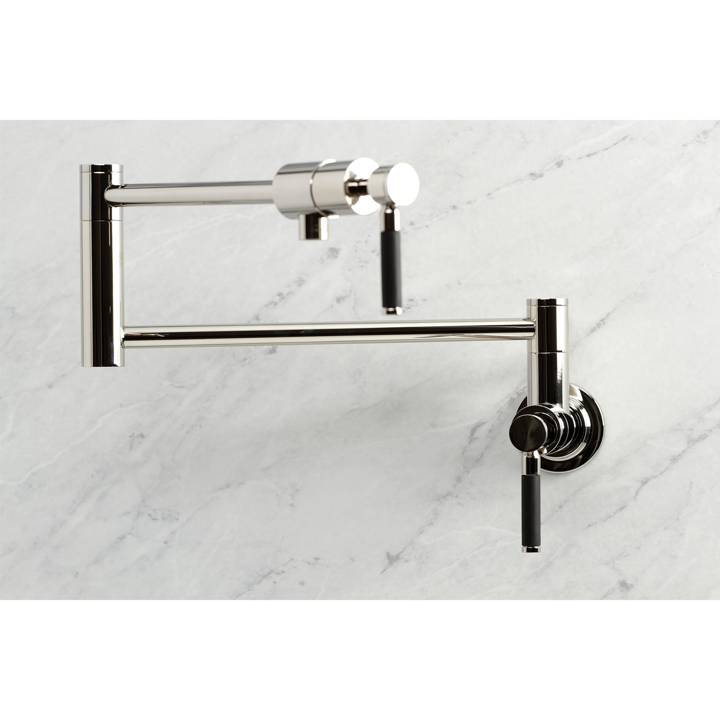 Kingston Brass KS4103DKL Kaiser Wall Mount Pot Filler Faucet, Antique Brass with black handles and polished finish.