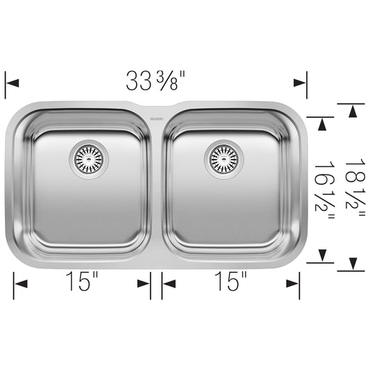 BLANCO Stellar 33" 50/50 Double Bowl Undermount Stainless Steel Kitchen Sink dimensions diagram with measurements.