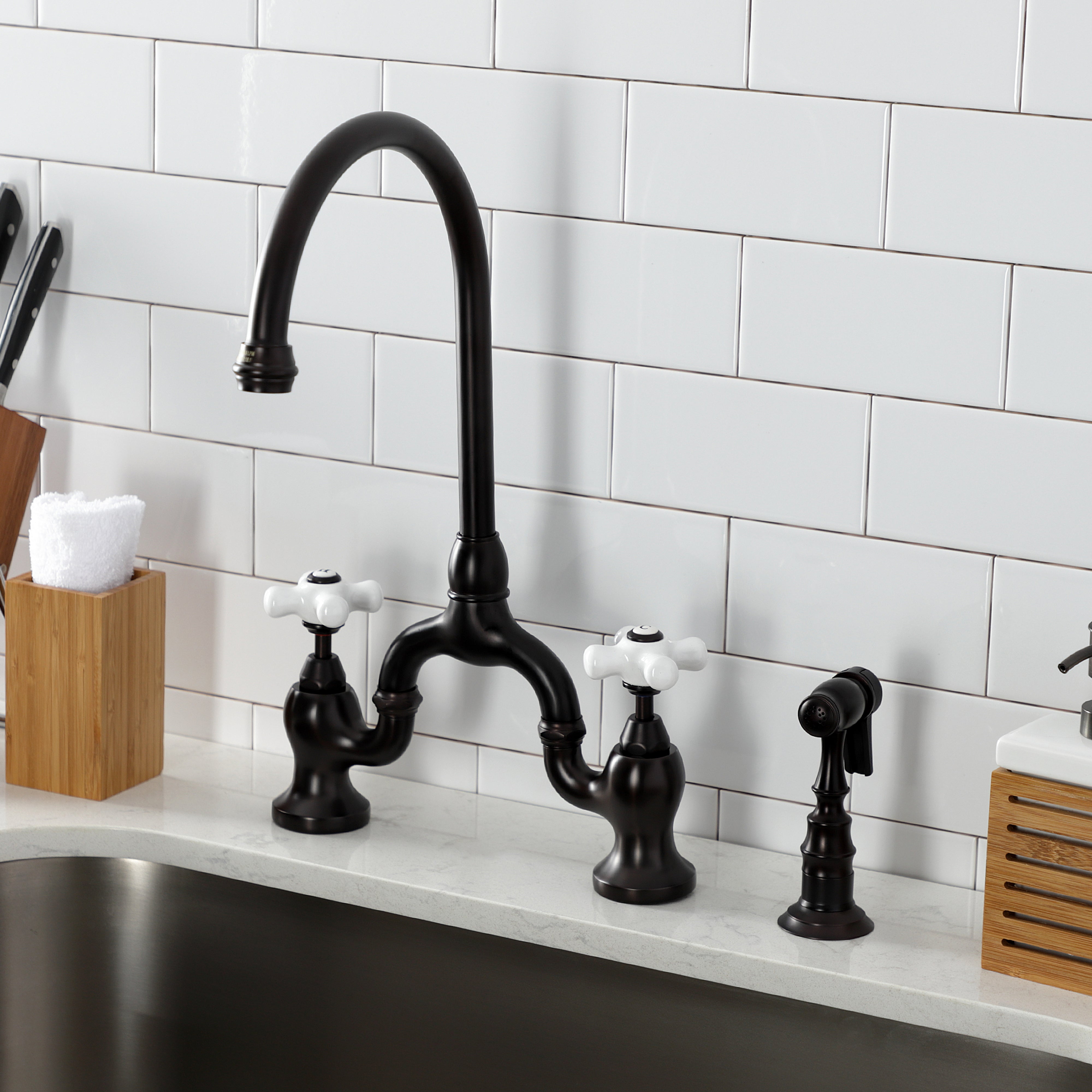 Kingston KS7798PXBS English Country Bridge Kitchen Faucet with Brass Sprayer, Brushed Nickel