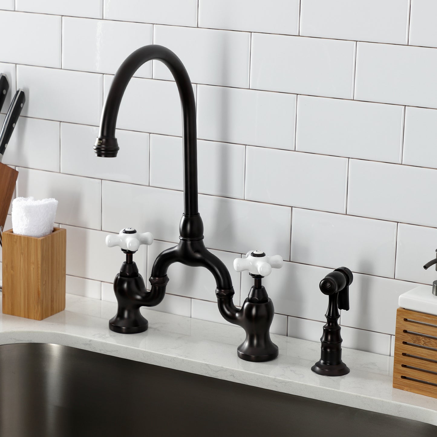 Kingston KS7798PXBS English Country Bridge Kitchen Faucet with Brass Sprayer, Brushed Nickel