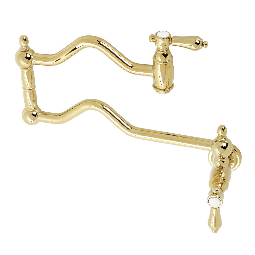 Kingston Brass KS2107BAL Heirloom Wall Mount Pot Filler Faucet, Brushed Brass with elegant swing arms.