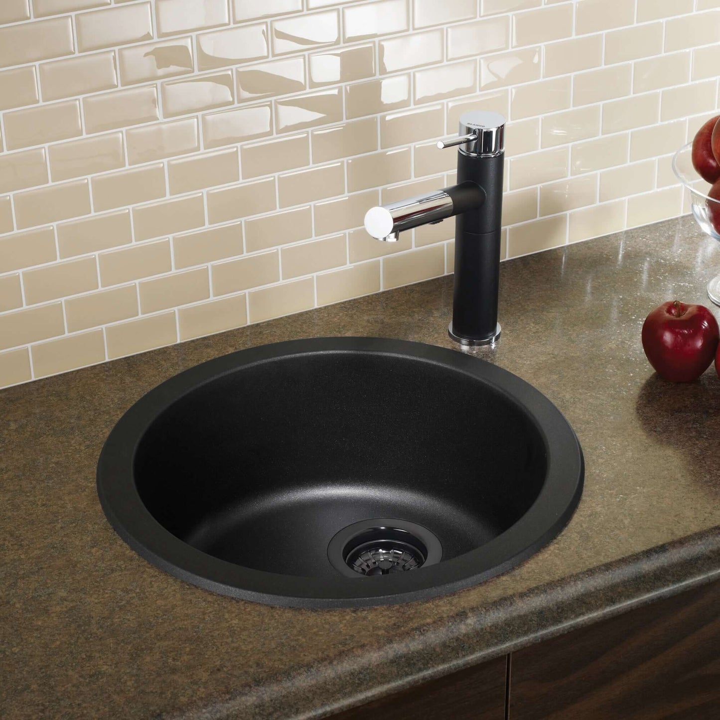 BLANCORONDO SILGRANIT 18" Dual Mount Bar Sink with sleek black finish in modern kitchen setting.