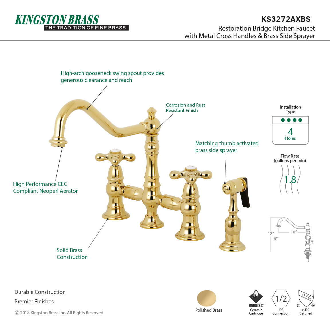 Kingston KS3277AXBS Restoration Bridge Kitchen Faucet with Brass Sprayer, Brushed Brass featuring a classic design.