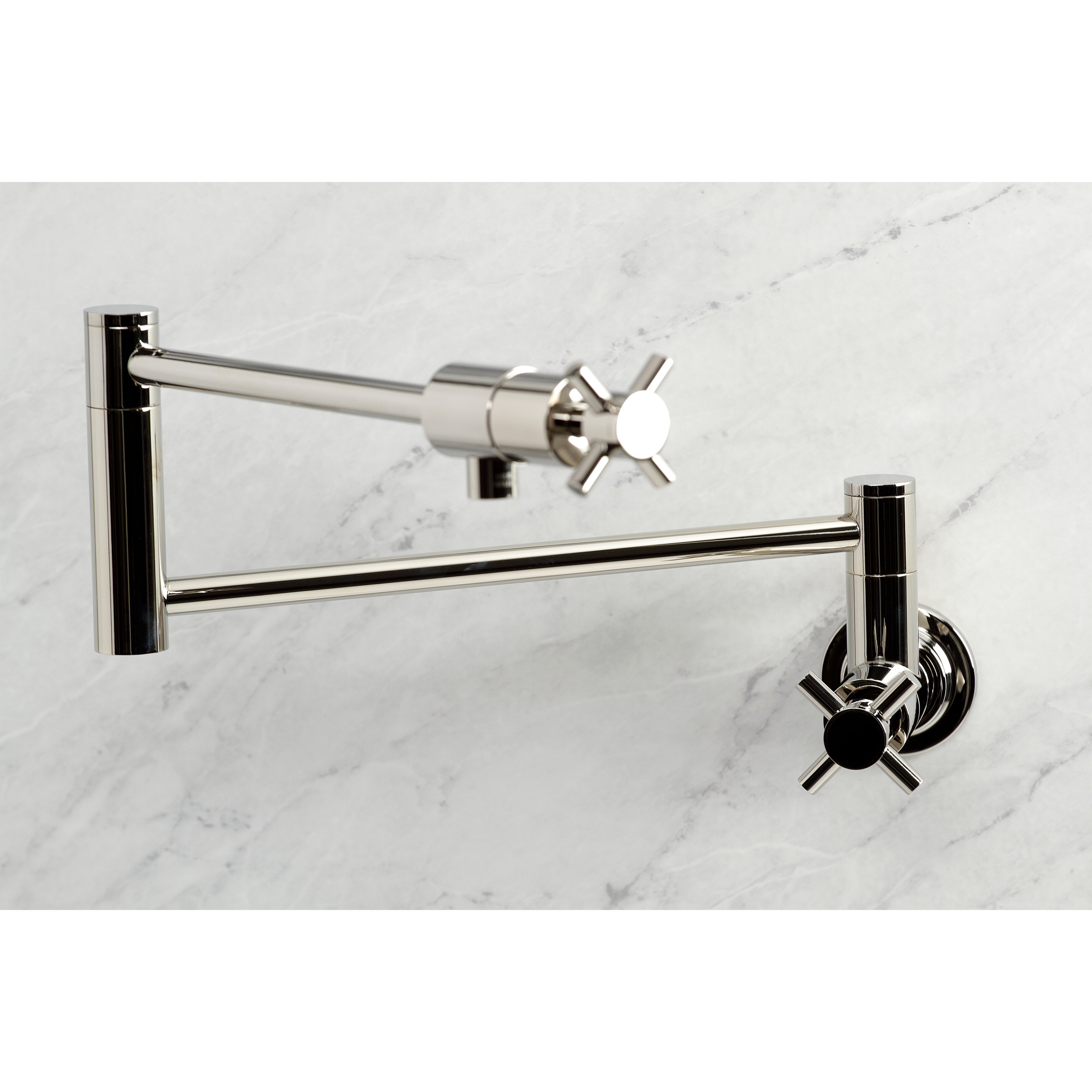 Kingston Brass KS4103DX Concord Wall Mount Pot Filler Faucet, Antique Brass with sleek cylindrical design.