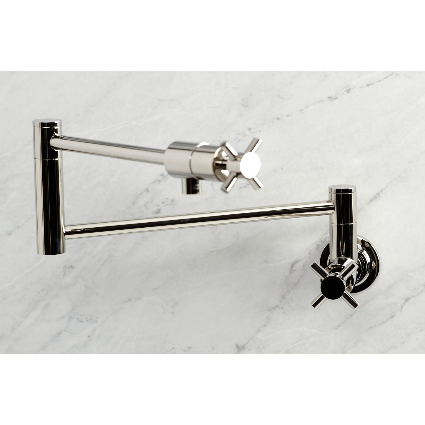 Kingston Brass KS4103DX Concord Wall Mount Pot Filler Faucet, Antique Brass with sleek cylindrical design.