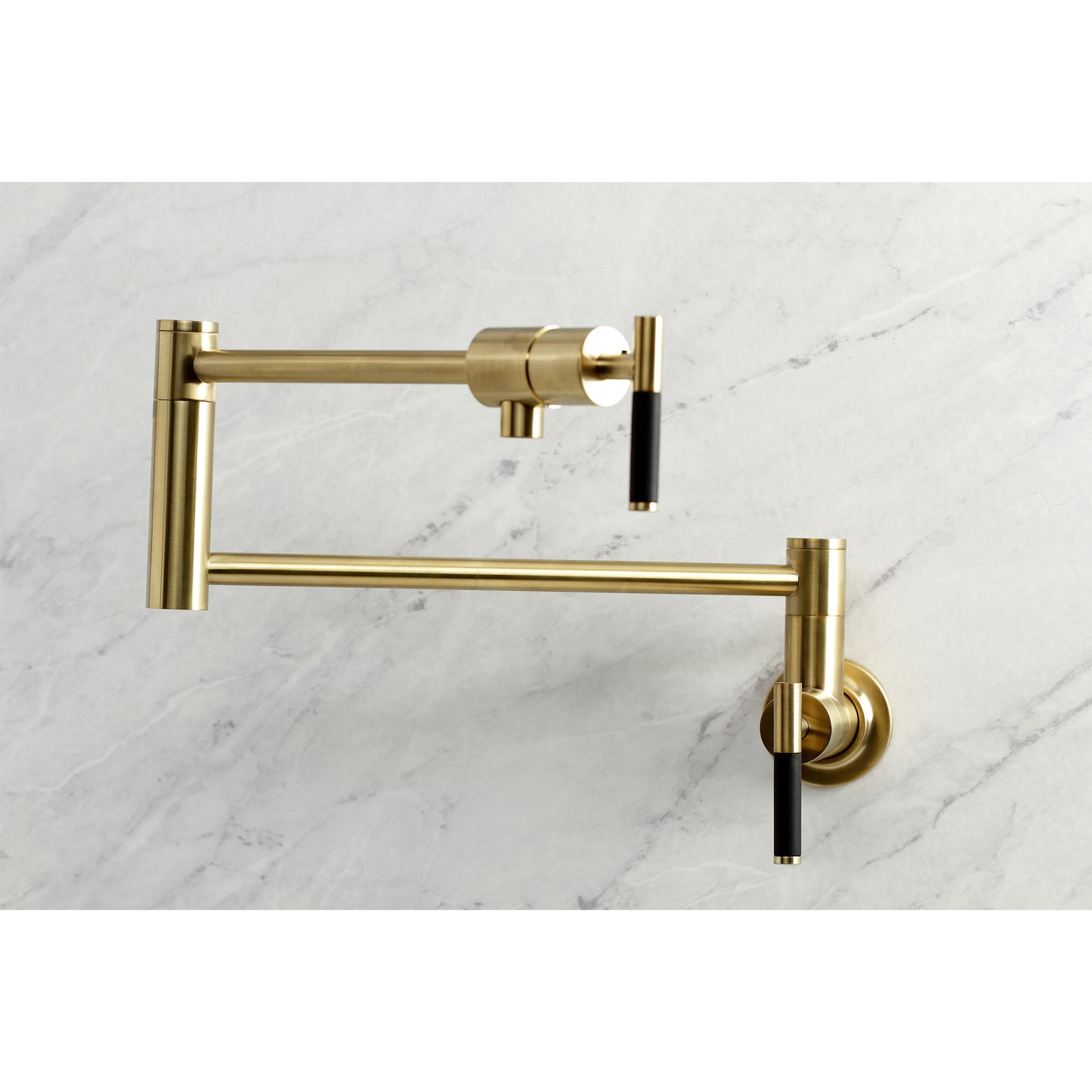 Kingston Brass KS4103CKL Kaiser Wall Mount Pot Filler Faucet, Antique Brass on marble countertop