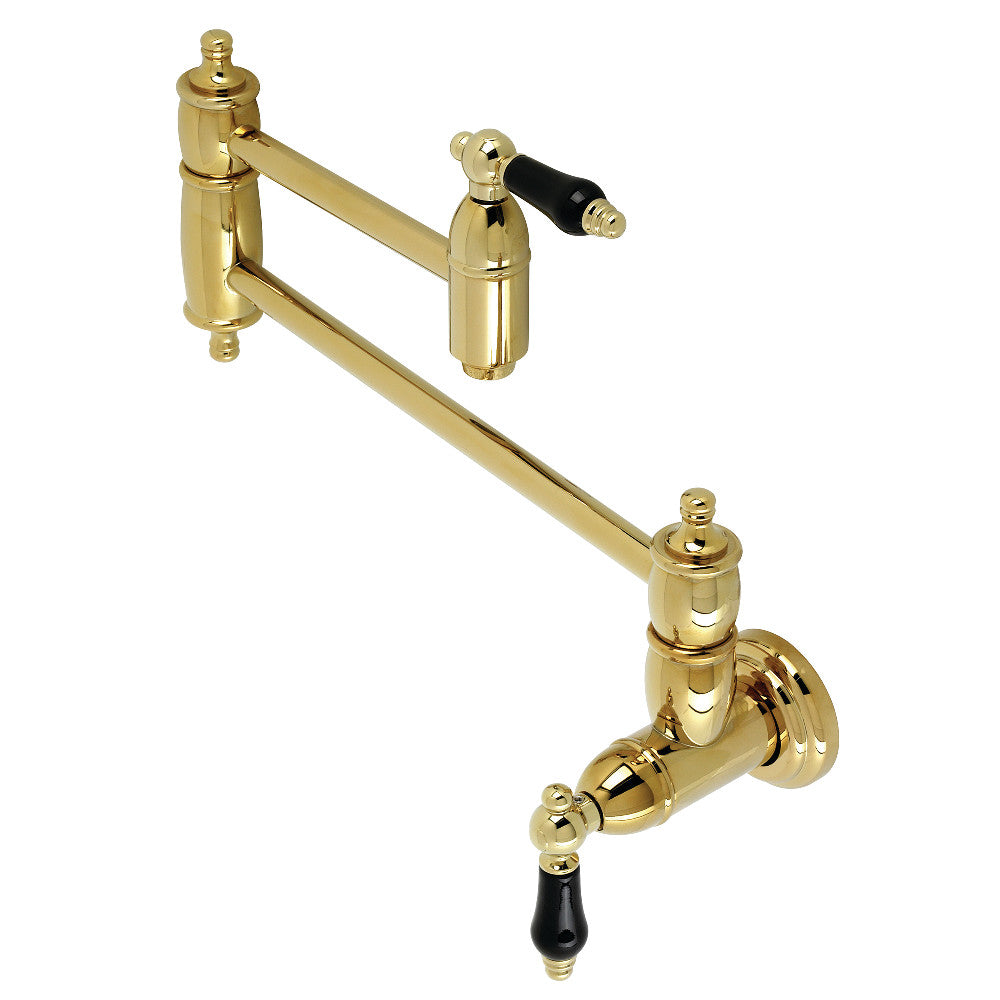 Kingston Brass KS3103PKL Duchess Wall Mount Pot Filler Faucet, Antique Brass with black porcelain handles.