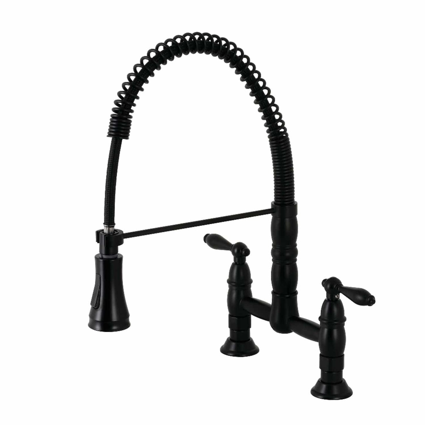KINGSTON Brass Gourmetier Heritage Two-Handle Kitchen Faucet - Matte Black with pull-down sprayer and high arching spout