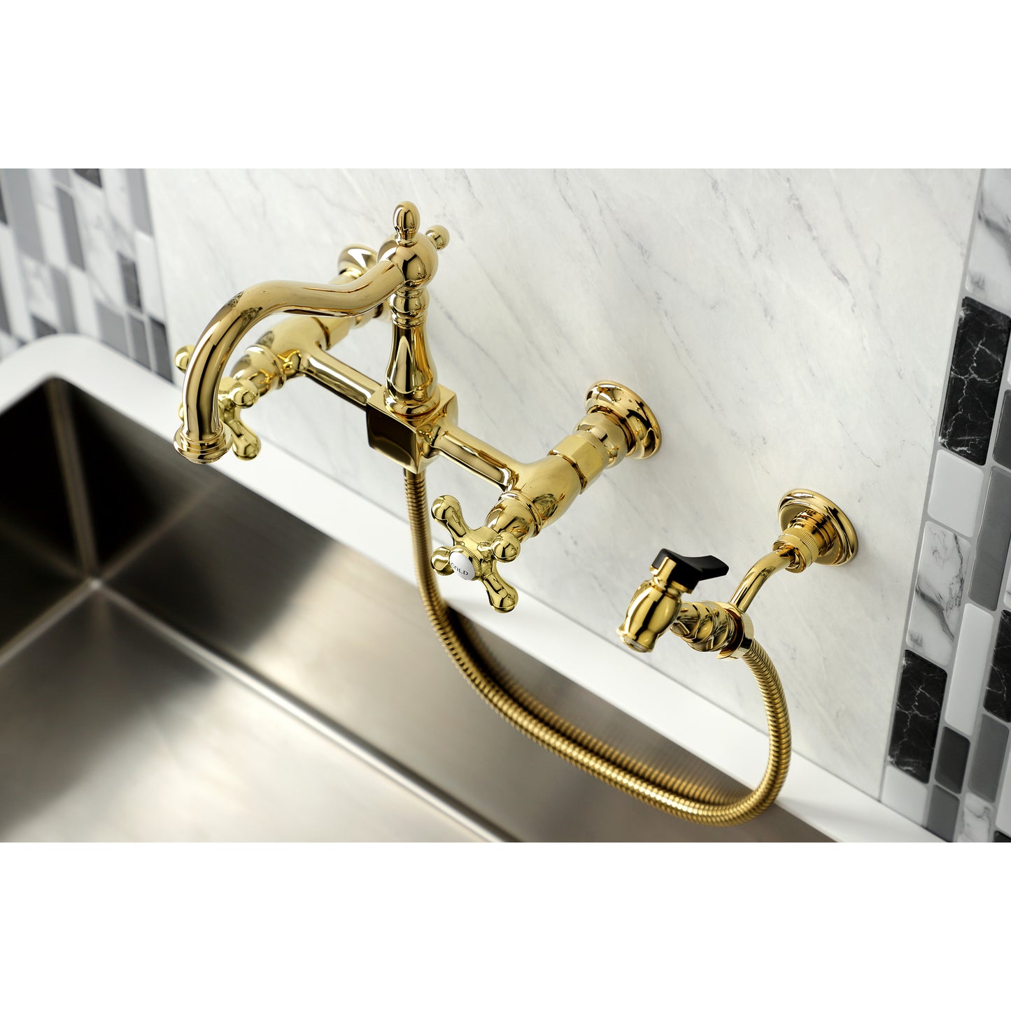 Kingston KS1263AXBS Heritage Two-Handle Wall Mount Bridge Kitchen Faucet with Brass Sprayer, Antique Brass