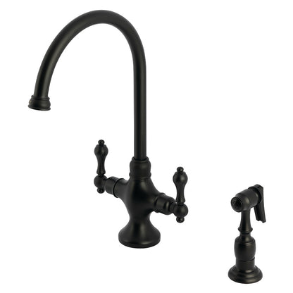 Kingston Brass KS1763ALBS Vintage Two-Handle Single-Hole Kitchen Faucet with Brass Sprayer, Antique Brass