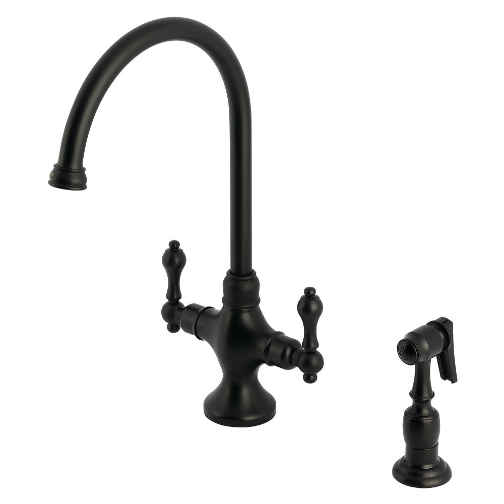 Kingston Brass KS1763ALBS Vintage Two-Handle Single-Hole Kitchen Faucet with Brass Sprayer, Antique Brass